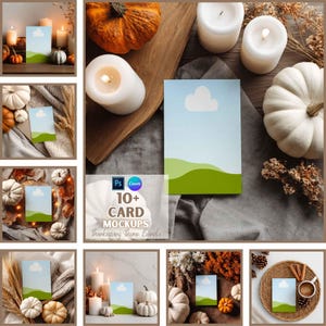 May include: A collection of Thanksgiving-themed card mockups. The cards feature a blue sky with a white cloud and green hills. The image includes pumpkins, candles, and the text "10+ CARD MOCKUPS Thanksgiving Theme Bundle."