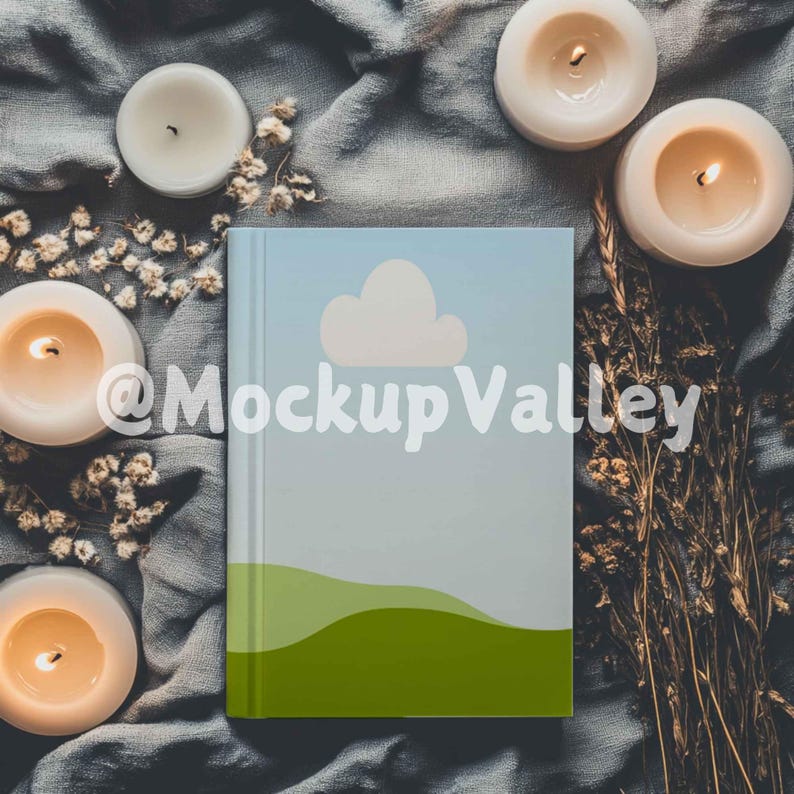 May include: A blue and green journal with a white cloud and a green hill design. The journal is surrounded by white candles and dried flowers on a gray fabric background.