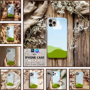 May include: A set of 10+ iPhone case mockups featuring a boho theme. The mockups show different angles of the phone case with a variety of backgrounds, including wood, flowers, and fabric. The phone case is white with a blue sky and green hills design. The text "10+ iPhone Case Mockups Boho Theme Bundle" is displayed on the image.