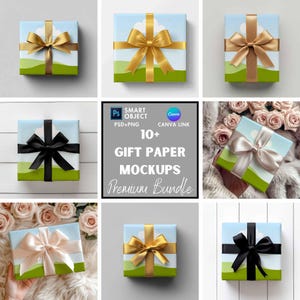 May include: A set of 10+ gift paper mockups featuring different colored ribbons and a green and blue patterned paper. The mockups are designed for use with Photoshop and Canva.  SMART OBJECT PSD+PNG CANVA LINK 10+ GIFT PAPER MOCKUPS Premium Bundle