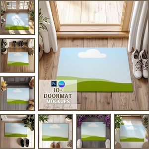 Puede incluir: Una alfombra rectangular con un diseño de cielo y paisaje. La parte superior de la alfombra es azul claro con una nube blanca, y la parte inferior tiene una zona de césped verde. El texto "10+ DOORMAT MOCKUPS Boho Theme Bundle" es visible.