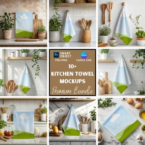 Könnte beinhalten: Ein Set mit 10+ Küchenhandtuch-Mockups, die verschiedene Kücheneinstellungen zeigen. Die Mockups zeigen verschiedene Winkel und Stile von Küchenhandtüchern, darunter hängende Handtücher, gefaltete Handtücher und Handtücher auf einem Tisch. Die Handtücher sind alle weiß mit einem grünen und blauen Design.