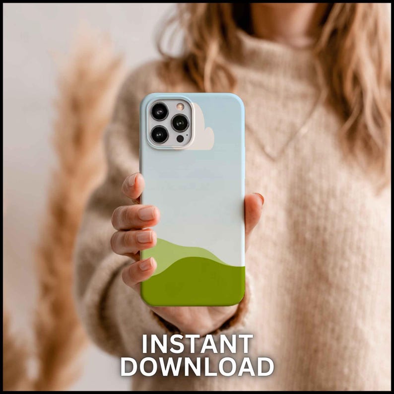 May include: A light blue and green phone case with a landscape design is held in front of a person. The case features a gradient of colors, with a white cloud shape and the text "INSTANT DOWNLOAD" at the bottom.