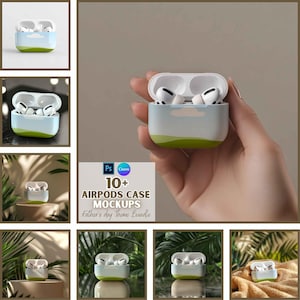 May include: A collection of mockups showcasing AirPods cases with a Father's Day theme. The cases are light blue with a green base and a cloud design. The text on the image reads "10+ AIRPODS CASE MOCKUPS Father's day Theme Bundle."