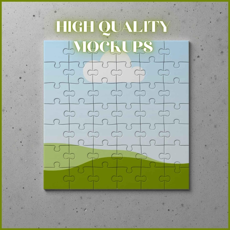 Pode incluir: Um quebra-cabe&ccedil;a completo com um design de c&eacute;u e paisagem. As pe&ccedil;as do quebra-cabe&ccedil;a s&atilde;o azul claro, mostrando um c&eacute;u azul com nuvens brancas e colinas verdes. O texto "HIGH QUALITY MOCKUPS" &eacute; exibido no topo.
