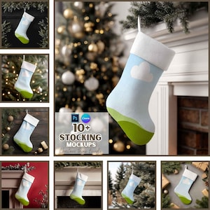 Könnte beinhalten: Ein hellblauer Weihnachtsstrumpf mit weißem Bündchen, Wolkenmuster und grünem Boden. Der Strumpf hängt vor einem Kamin und Weihnachtsbaum. Das Bild enthält auch den Text "10+ STOCKING MOCKUPS Christmas Theme Bundle."