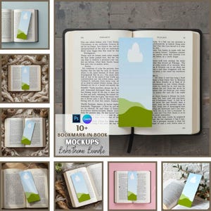 Puede incluir: Un conjunto de más de 10 maquetas digitales de marcapáginas con temática boho. Las maquetas muestran una variedad de portadas de libros con diferentes marcapáginas de colores que presentan un diseño de nube y colinas verdes.