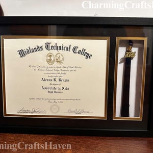 May include: A framed diploma from Midlands Technical College, featuring the name Alexus R. Benzin and the degree of Associate in Arts. The frame includes a compartment with a graduation tassel with a 2024 charm. The frame is black.