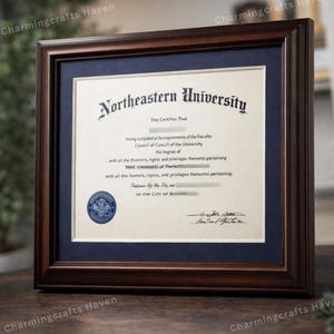 May include: A framed diploma from Northeastern University. The diploma is in a dark wood frame with a navy blue mat. The text on the diploma is in black ink and includes the university's name and seal.