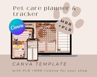 PLR & MRR Pet Care Planner Canva Template, Editable, Printable Pet Care Organizer for Pet Owners