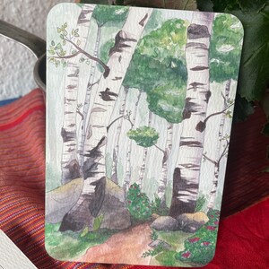 sucré, forêt de bouleaux, fait maison, carte postale | artistique, inspirante, carte souvenir | Aquarelle, impression, carte photo | Carte de voeux, arbre