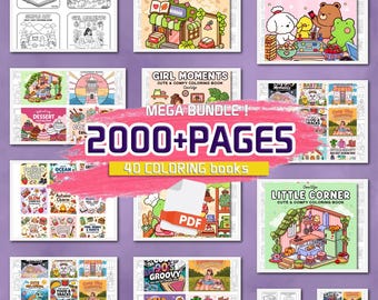 May include: A collection of 40 coloring books with over 2000 pages. The books feature a variety of themes, including cozy friends, girl moments, dessert, fashion vibes, ocean, glow, autumn charm, little corner, food and snacks, 90's groovy, bold cute, and cute and groovy. The books are all in black and white and are perfect for adults and children.