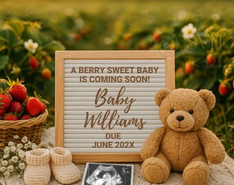 Baby Announcement Digital Template Strawberry, Gender Neutral Summer Pregnancy Reveal