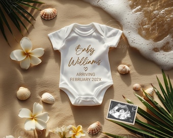 Tropical Beach Pregnancy Announcement Digital Template, Simple Gender Neutral Summer Baby Reveal