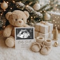 Christmas Baby Announcement Digital Template Bear, December New Year Pregnancy Reveal with ultrasound photo