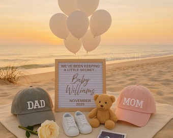 Baby Announcement Digital Template Beach Mom Dad, Gender Neutral Pregnancy Announcement, Pregnancy Summer, Social Media Baby Reveal Idea