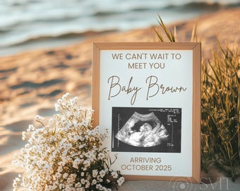 Pregnancy Announcement Summer Beach Digital Template, Gender Neutral Simple Baby Announcement, Social Media Pregnancy Reveal Boho Beach