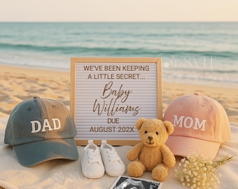 Pregnancy Announcement Digital Template Summer Beach, Gender Neutral Baby Reveal