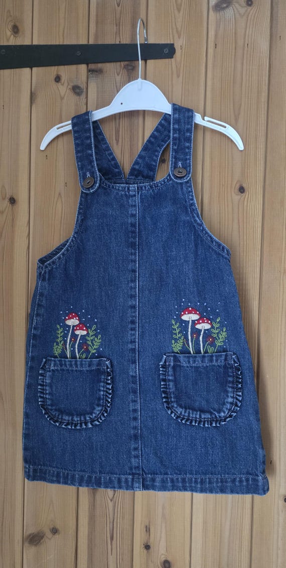 embroidered denim pinafore dress Denim Pinafore Dress with White Shirt & Butterfly Appliqué For Girls main image 0