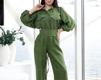 Dark olive linen jumpsuit with long sleeves, boho linen romper with pockets, green linen jumpsuit for womens