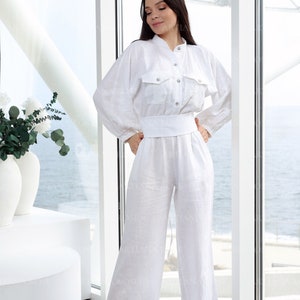 White linen jumpsuit long sleeve online