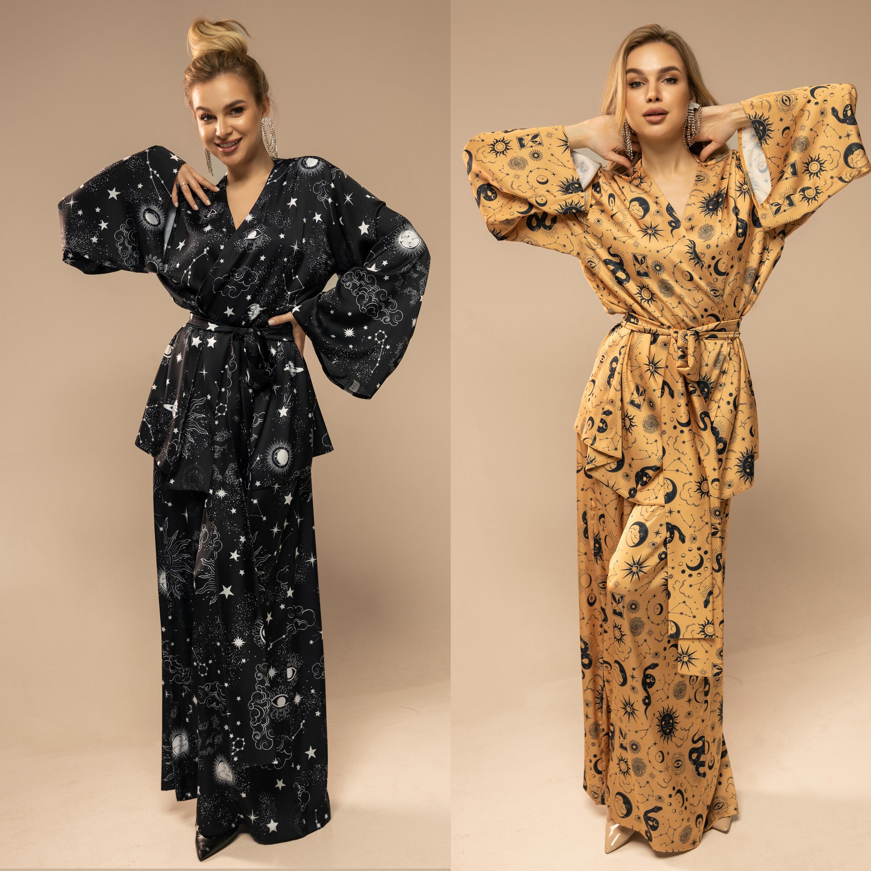Silk Pantsuit 2 pc, Astrology Print, Blazer and Pants, Womens Set, Women Prom Suit, Blazer Set for Women, Palazzo Pants, Womens Suit Set