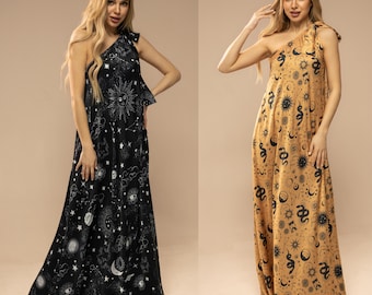 One Shoulder Silk Maxi Dress, Astrology Print, Wedding Guest Dress Long, Evening Silk Maxi Dress, Gold Silk Dress, Black Silk Cocktail Dress