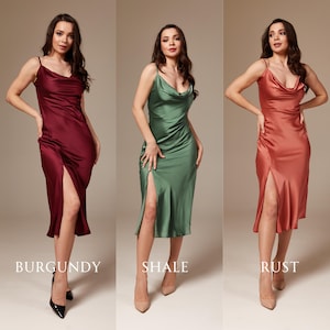 Silk Slip Dress with Slit, Bridesmaid Dress, Silk Midi Dress Cowl Neck, Wedding Guest Dress, Cocktail Slip Dress, Bias Cut