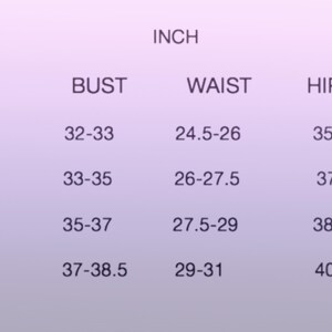 May include: Size chart showing US sizes and corresponding bust, waist, and hip measurements in inches.