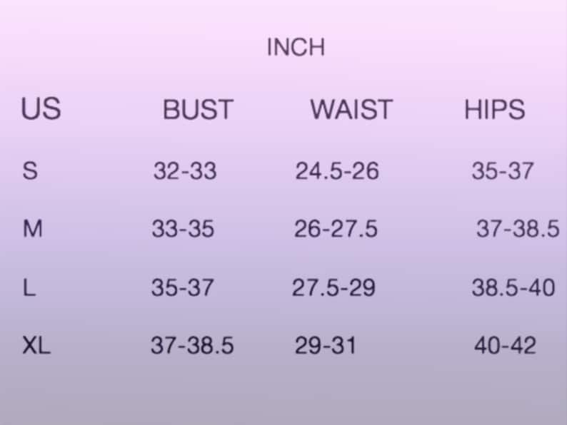 May include: Size chart showing US sizes and corresponding bust, waist, and hip measurements in inches.