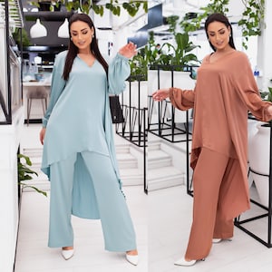 Los zijden damespak, zijden broekpak voor dames, lange asymmetrische blouson en broek, satijnen broekpak bruiloftsgast, formele damesbroekpak