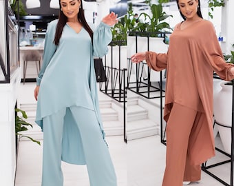 Womens Loose Silk Suit, Silk Pantsuit for Women, Long Asymmetrical Blouson and Pants, Wedding Guest Satin Pantsuit, Formal Women Pantsuit