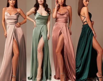 Silk Slip Dress with Slit, Emerald Green Bridesmaid Dress, Cappuccino Silk Dress with Train, Cowl Neck Silk Rose Gold Dress, Prom Dress