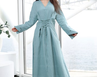 Womens light blue linen dress long sleeves, oversized maxi linen dress, summer linen dress, boho losse linen lace-up dress