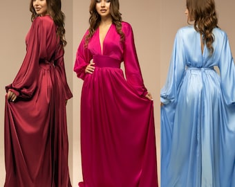 Seide Maxi Kleid, Tiefem V-Ausschnitt, Brautjungfer Kleid, Hochzeitsgast Kleid, Abschlussball Kleid, Abend Seidenkleid Lang, Cocktailkleid