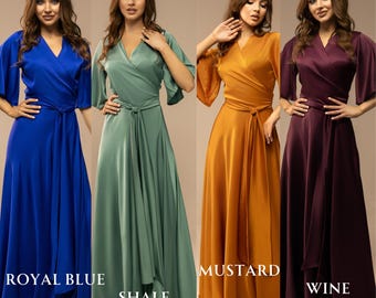 Silk Maxi Dress Full Wrap, Bridesmaid Dress, Plus Size Dress, Silk Dress Short Sleeve, Prom Dress, Wedding Guest Dress