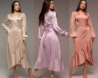 Silk Wrap Ruffle Dress, Bridesmaid Dress, Wedding Guest Dress, Silk Midi Dress, Assymmetrical Dress, Evening Silk Dress, Wrap Dress