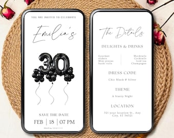 Digital 30th Birthday Invitation,30th Birthday Invitation for Her,30 Birthday Invite,Adult Birthday Evite,30th Birthday Dinner Mobile Invite