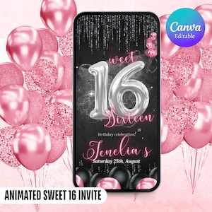 Sweet 16 Sixteen Birthday Invitation, Animated 16th Birthday Party invite, Editable Birthday Itinerary, Canva Template, Digital Download