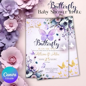 Butterfly Baby Shower Invitation, Printable Purple Baby Shower Invite, Girl Baby Shower Invite, Canva Editable Template, Digital Download