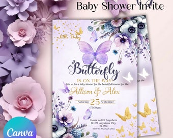 Butterfly Baby Shower Invitation, Printable Purple Baby Shower Invite, Girl Baby Shower Invite, Canva Editable Template, Digital Download