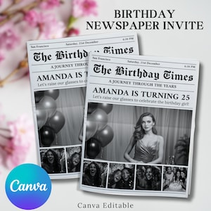 Modèle de journal d'anniversaire modifiable, journal d'anniversaire Canva, faire-part d'anniversaire infographique avec anecdotes amusantes et mots croisés pour n'importe quelle année