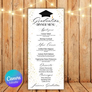 Szablon menu na przyjęcie z okazji ukończenia szkoły, edytowalne menu ukończenia szkoły i karta z napojami, szablon menu na wydarzenie, menu na stół na kolację ukończenia szkoły, szablon Canva