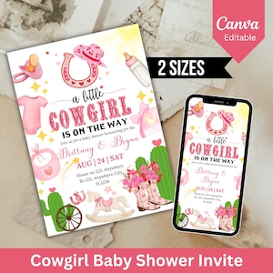 Cowgirl Baby Shower Invitation, Little Cowgirl Baby Shower Invite, Printable Western Pink Baby Shower, Canva Editable Template