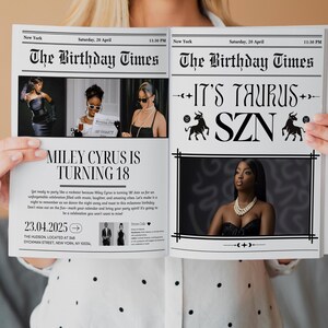May include: A black and white newspaper-style invitation for a birthday party. The headline reads "The Birthday Times" and features a photo of a woman with the text "Miley Cyrus is Turning 18". The invitation includes the date "23.04.2025" and the location "THE HUDSON, LOCATED AT 348 DYCKMAN STREET, NEW YORK, NY 10034".