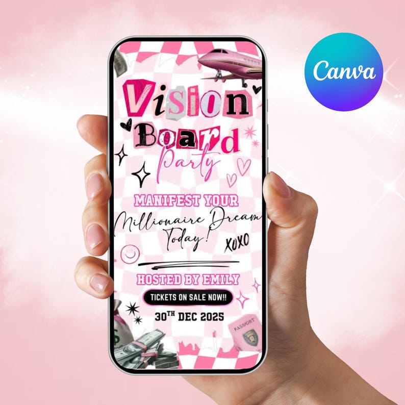 May include: A smartphone displaying a pink and white Vision Board Party invitation. The design includes a pink airplane, money, and the text "Manifest Your Millionaire Dream Today!" The Canva logo is in the upper right corner.