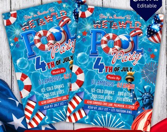 4th of July Pool Party Invitation, Wet And Wild Pool Party, Printable Independence Day invite, Summer Beach Party, Canva Editable Template