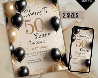 Convite elegante para 50º aniversário em dourado e preto, convite deslumbrante para 50º aniversário em dourado e preto, convite para aniversário marcante, convite para 50º aniversário