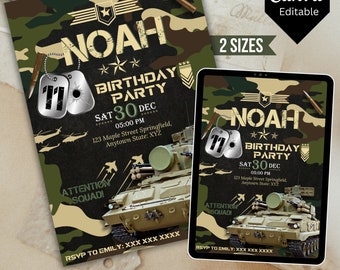 Könnte beinhalten: Eine Einladung zu einer Militär-Geburtstagsparty mit Tarnmuster. Die Einladung zeigt einen Panzer, Hubschrauber und den Namen "Noah" mit dem Text "Birthday Party" und "Sat 30 Dec 05:00 PM".