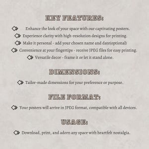 May include: A beige poster with text detailing key features, dimensions, file format, and usage. The text includes "Enhance the look of your space", "high-resolution designs", and "JPEG files". The poster is designed for easy printing and versatile decor.